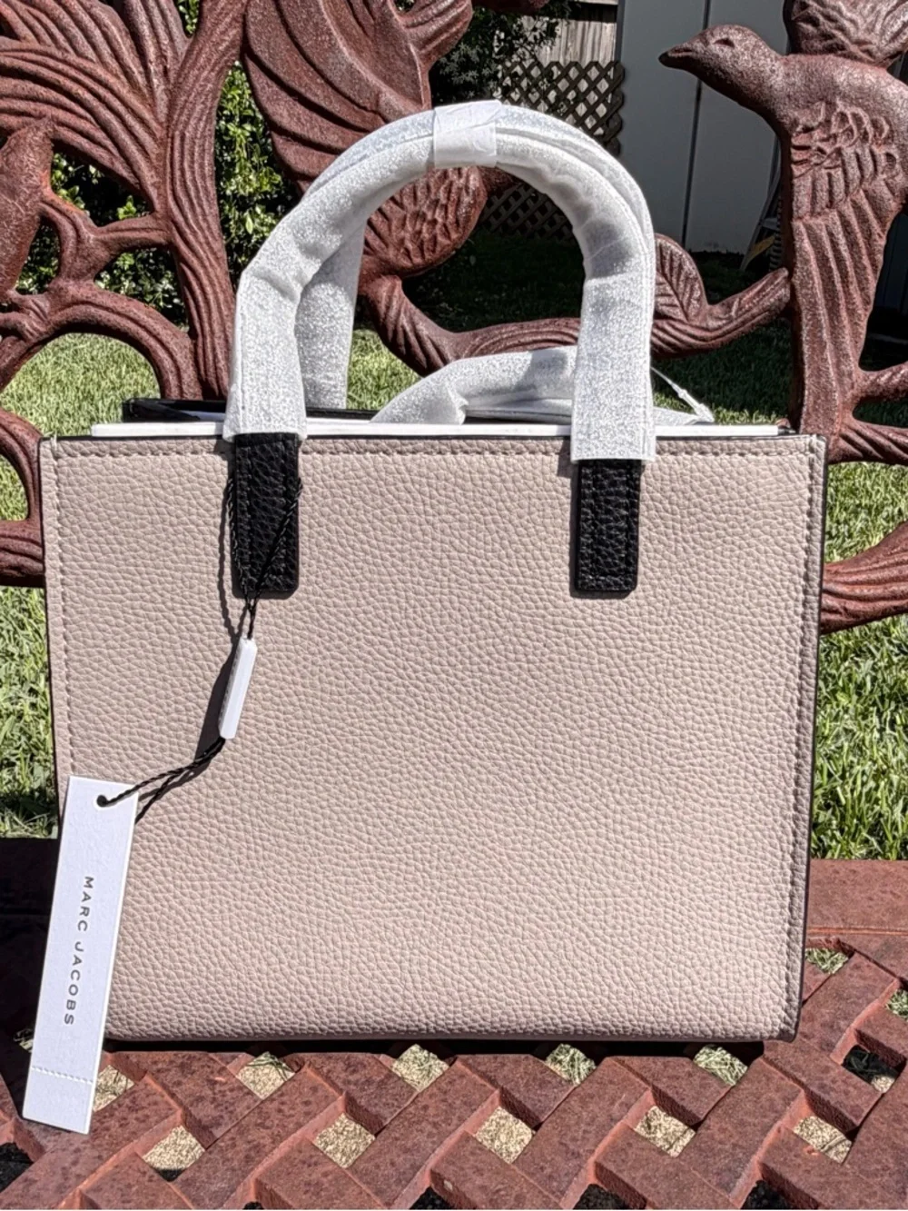 Marc Jacobs Mini CB Grind Tote Beige & Black Leather Crossbody with Logo Panel